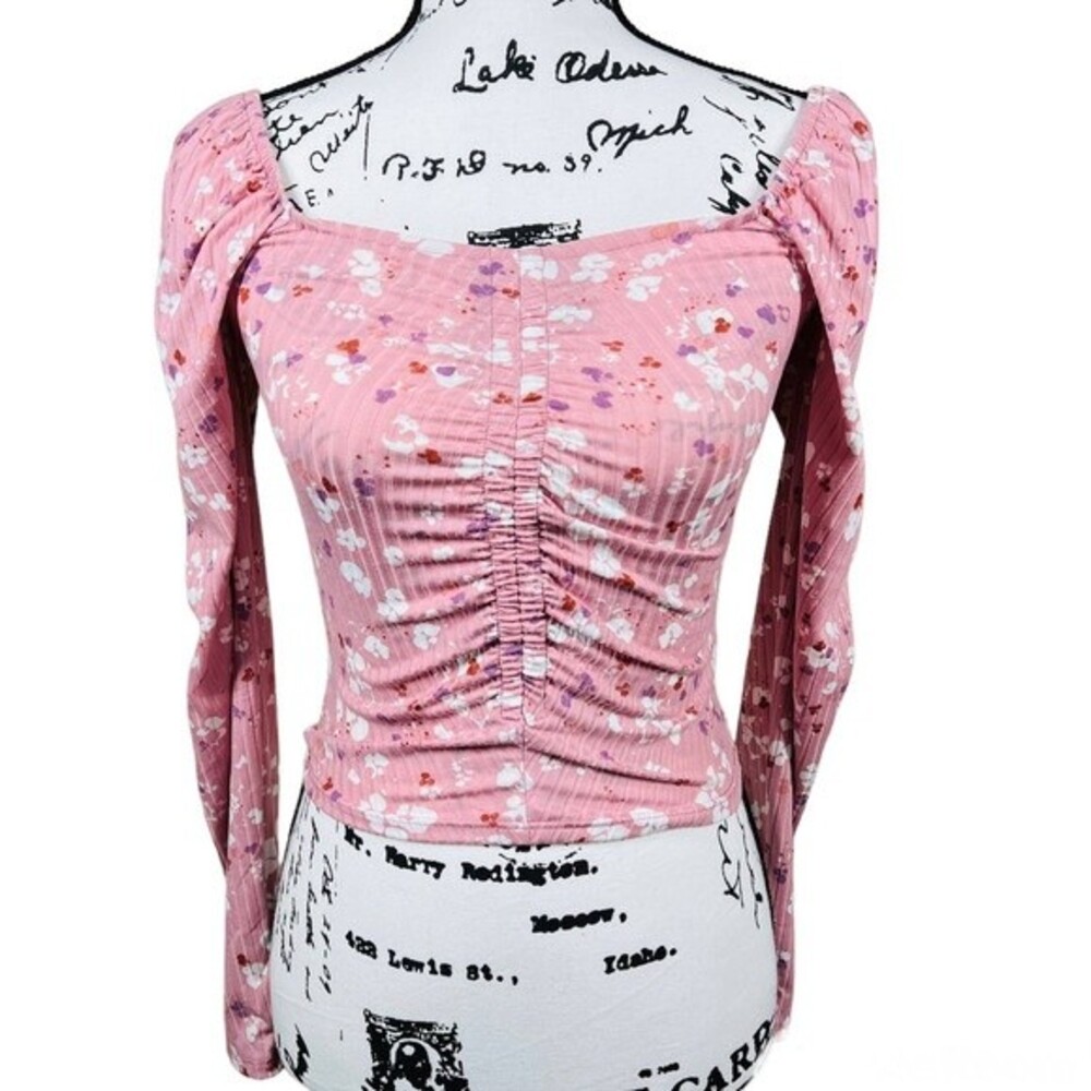 Antistar Pink top White floral  print long sleeve front ruched crop top size S